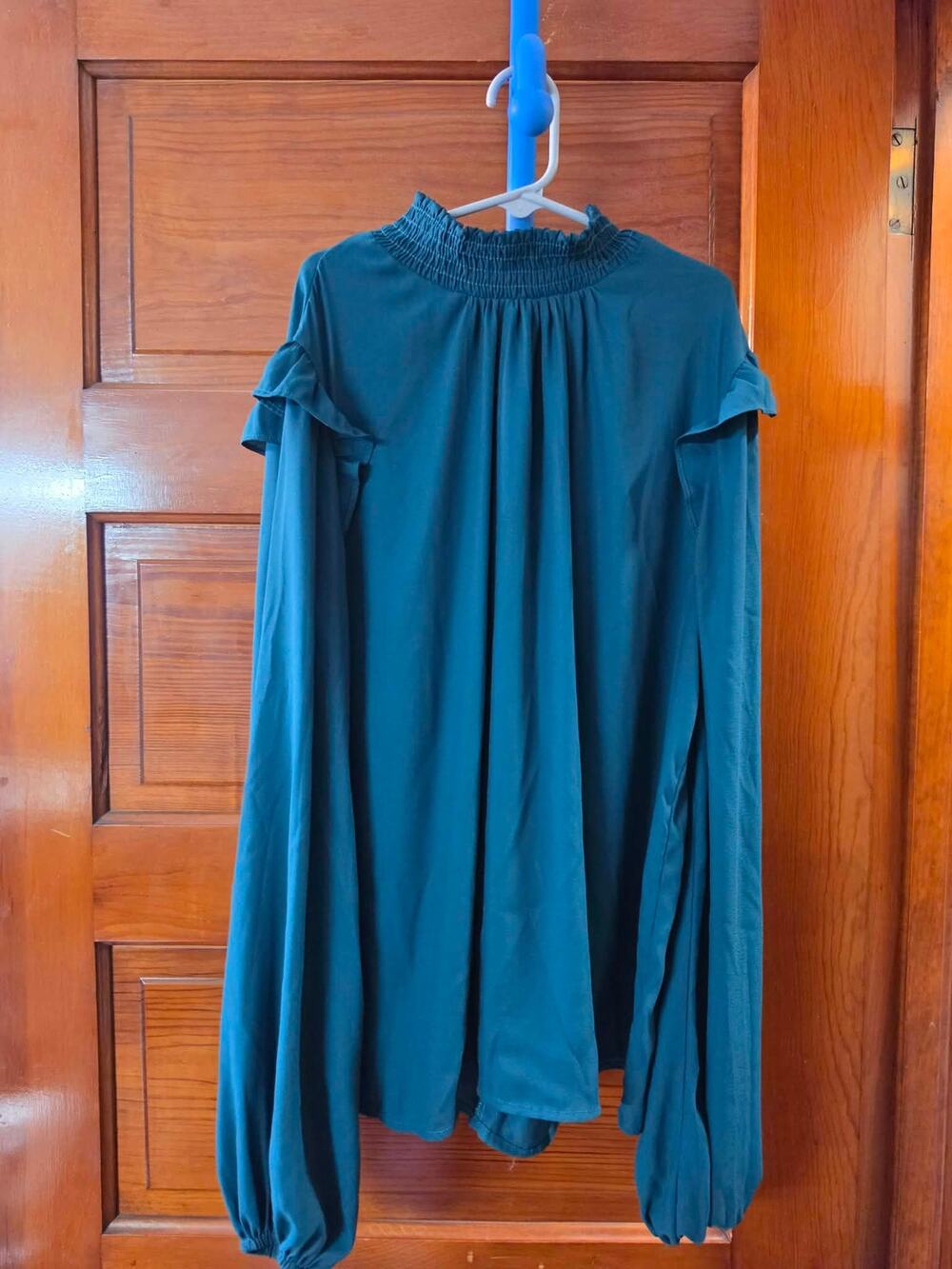 Lush Women’s Blouse Small Teal Smocked High Neck Ruffle Balloon Sleeve Top